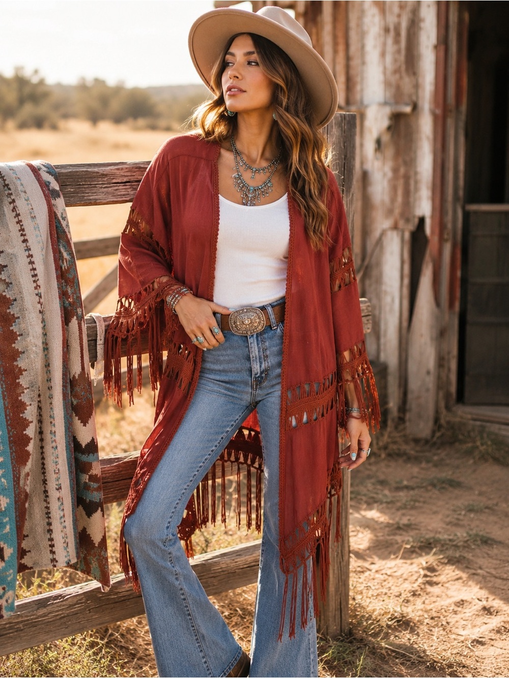 Vivid Rust Boho Fringe Kimono Cardigan Large Western Festival Duster